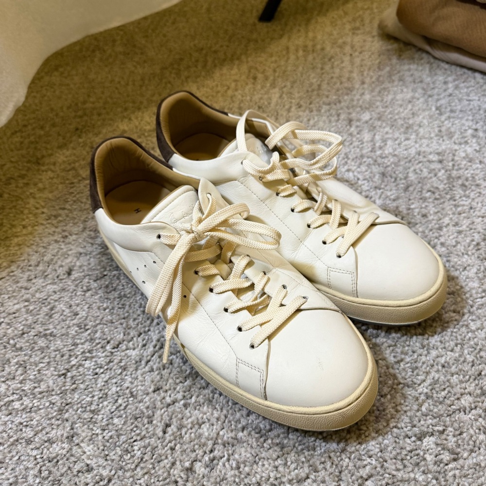 Hogan Mens White Leather Low Top Sneakers Brown Suede Heel Size 8 Made in Italy